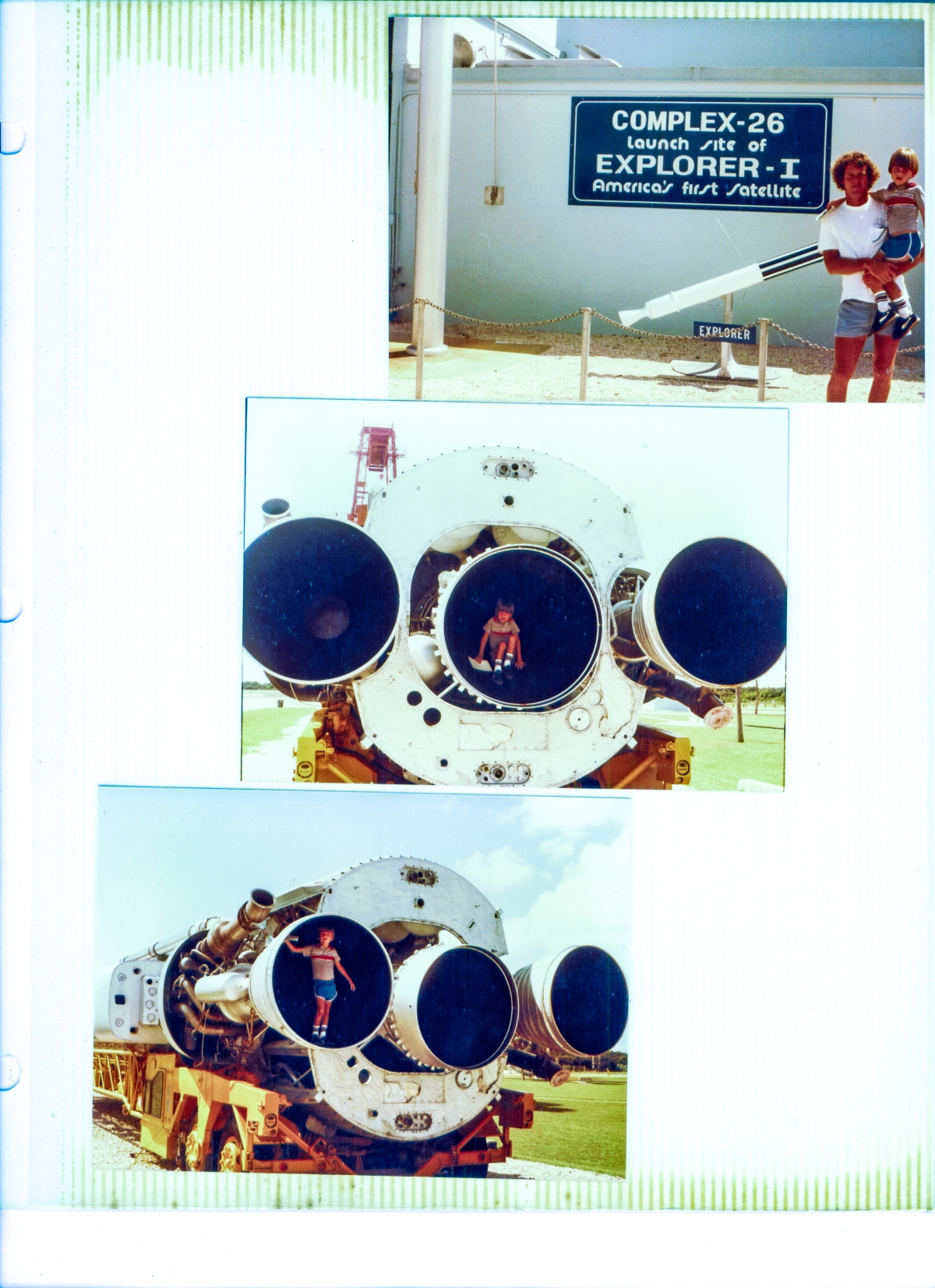 Top: James MacLaren holds his son Kai in front of the Blockhouse at Launch Complex 26, Cape Canaveral Air Force Station, Florida, which also houses the museum there. Center: Kai MacLaren stands inside the nozzle of the sustainer engine on an Atlas ICBM, on display at the museum. Bottom: Kai has moved over to one of the booster-engines in the same Atlas ICBM, which is resting atop its “stretcher” which was used to transport it to the launch pad.